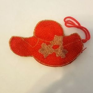 Vintage Red Sun Hat Beaded Coin Purse with Silver flowers